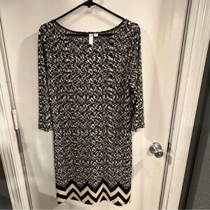 Tacera Black and Cream Geometric Long Sleeve Dress